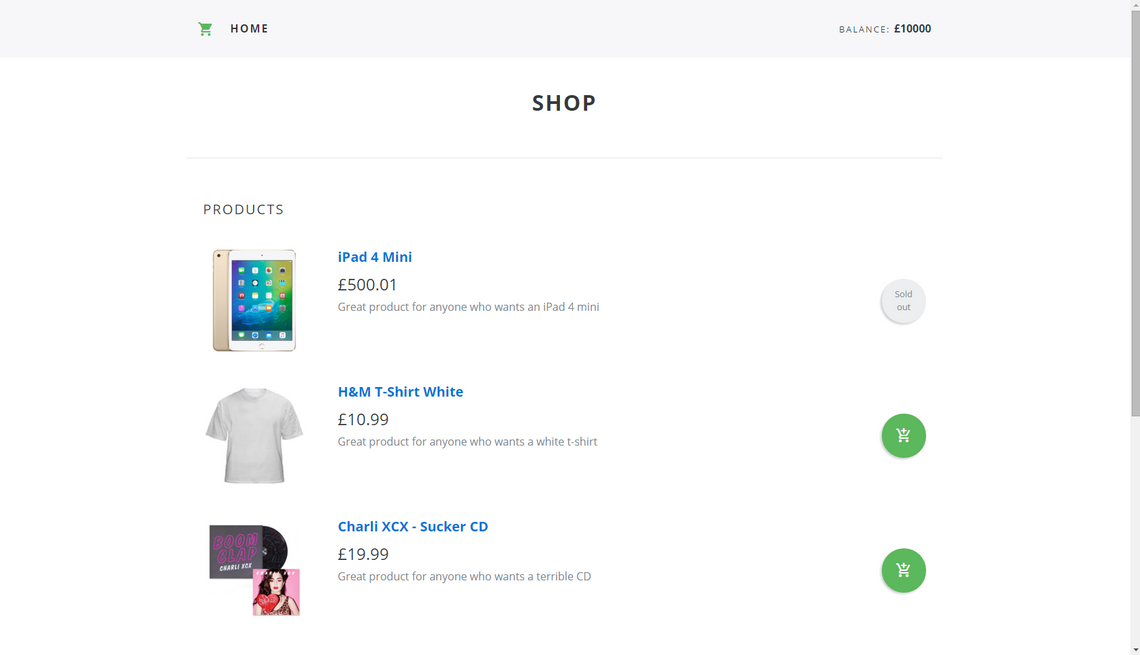 The shop page Shop page