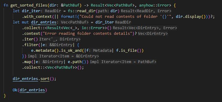Screenshot of the get_sorted_files() function in VS Code, showing how the rust-analyzer plugin has annotated the code with the types of many of the expressions. Screenshot of the get_sorted_files() function in VS Code, showing how the rust-analyzer plugin has annotated the code with the types of many of the expressions.
