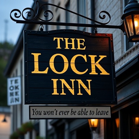 You can check out any time you like, but you can never leave Lock inn pub sign