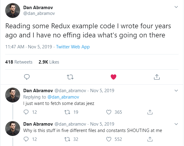 Dan Abramov complaining about Redux in a tweet Dan Abramov complaining about Redux in a tweet