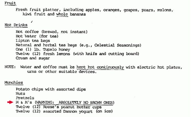 Part of the rider from Van Halen's 1982 world tour - (from thesmokinggun.com) Part of the rider from Van Halen's 1982 world tour - (from thesmokinggun.com)