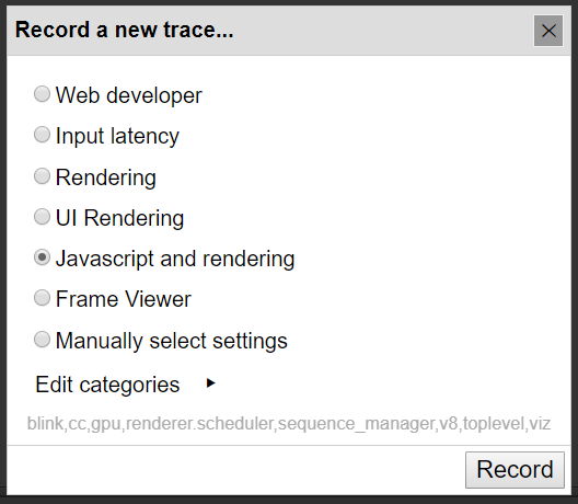 Tracing options dialog Screenshot of tracing options dialog, showing available presets