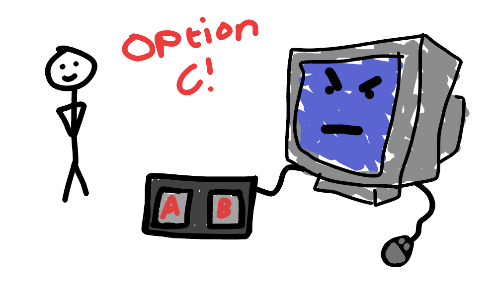 Computer problems are easy until those darn humans get involved! Option A or Option B, asks the computer. The human knows what they want - Option C! Computer is ANGRY!