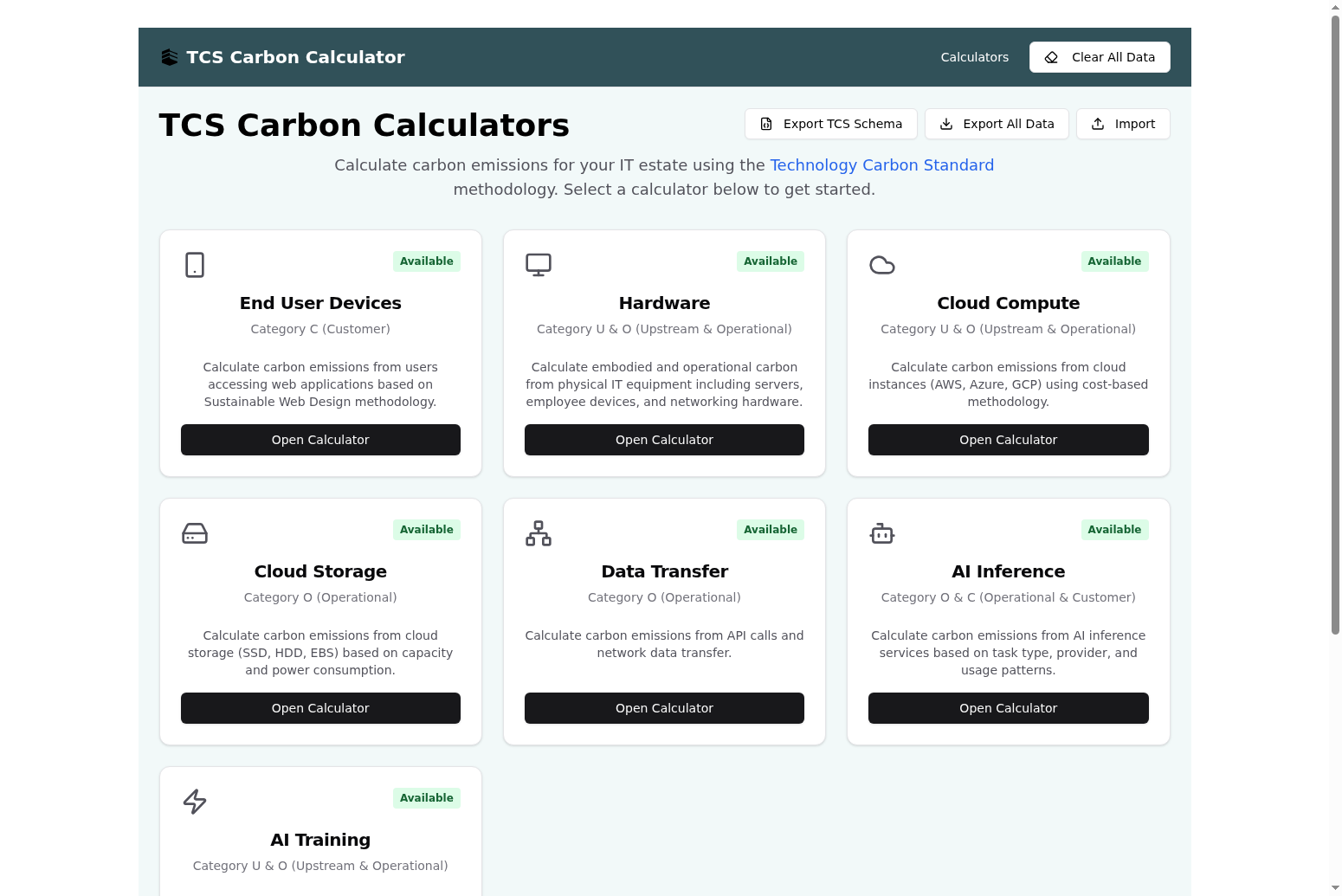 Calculator homepage UI with TCS branding
