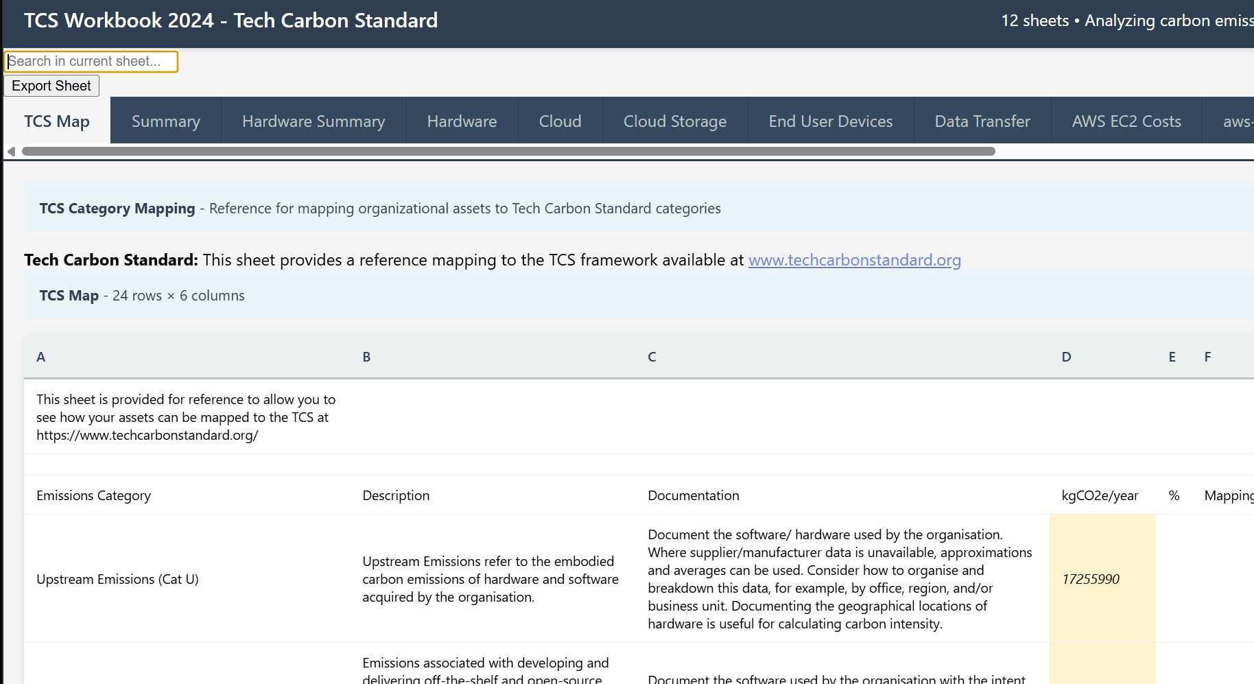 A spreadsheet viewer of the TCS calculator generated by Devin